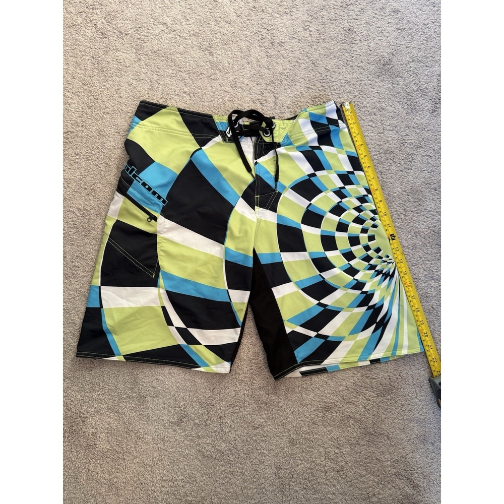 Volcom Mens Board Shorts 34 Blue Green Geometric Surf Swim Trunks Drawstring